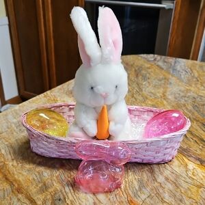 Plush White Bunny with Carrot in Pink Basket
